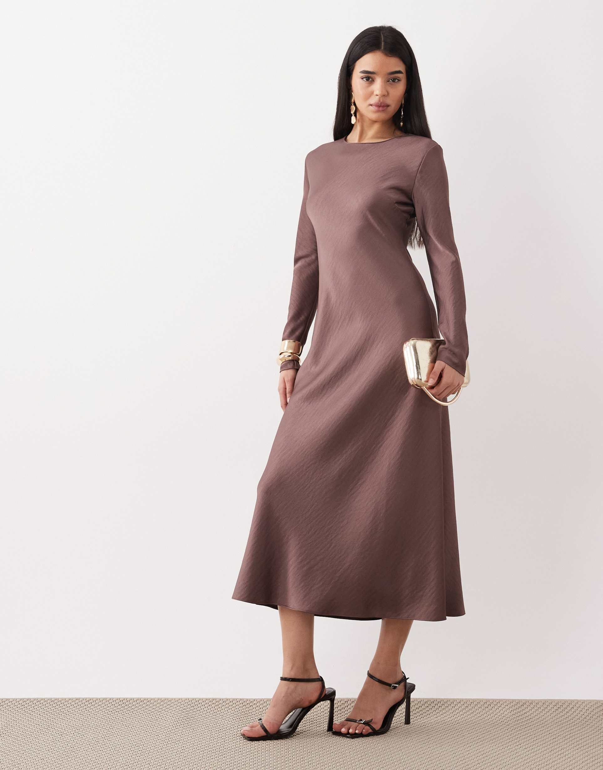 mango round neck satin long sleeve maxi dress in pastel purple