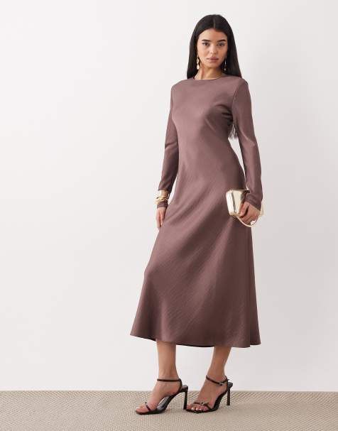 Mango round neck satin long sleeve maxi dress in pastel purple