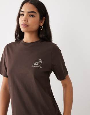 Mango Round Neck Short Sleeve 'early Bird Club' Graphic T-shirt In Brown