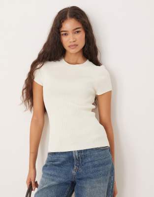 Mango round neck short sleeve knit top in white