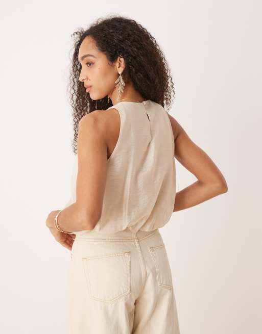 Mango round neck sleeveless soft bubble hem top in beige, 4 of 4