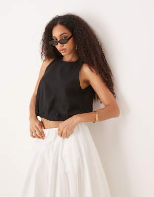 Mango Round Neck Sleeveless Soft Bubble Hem Top In Black