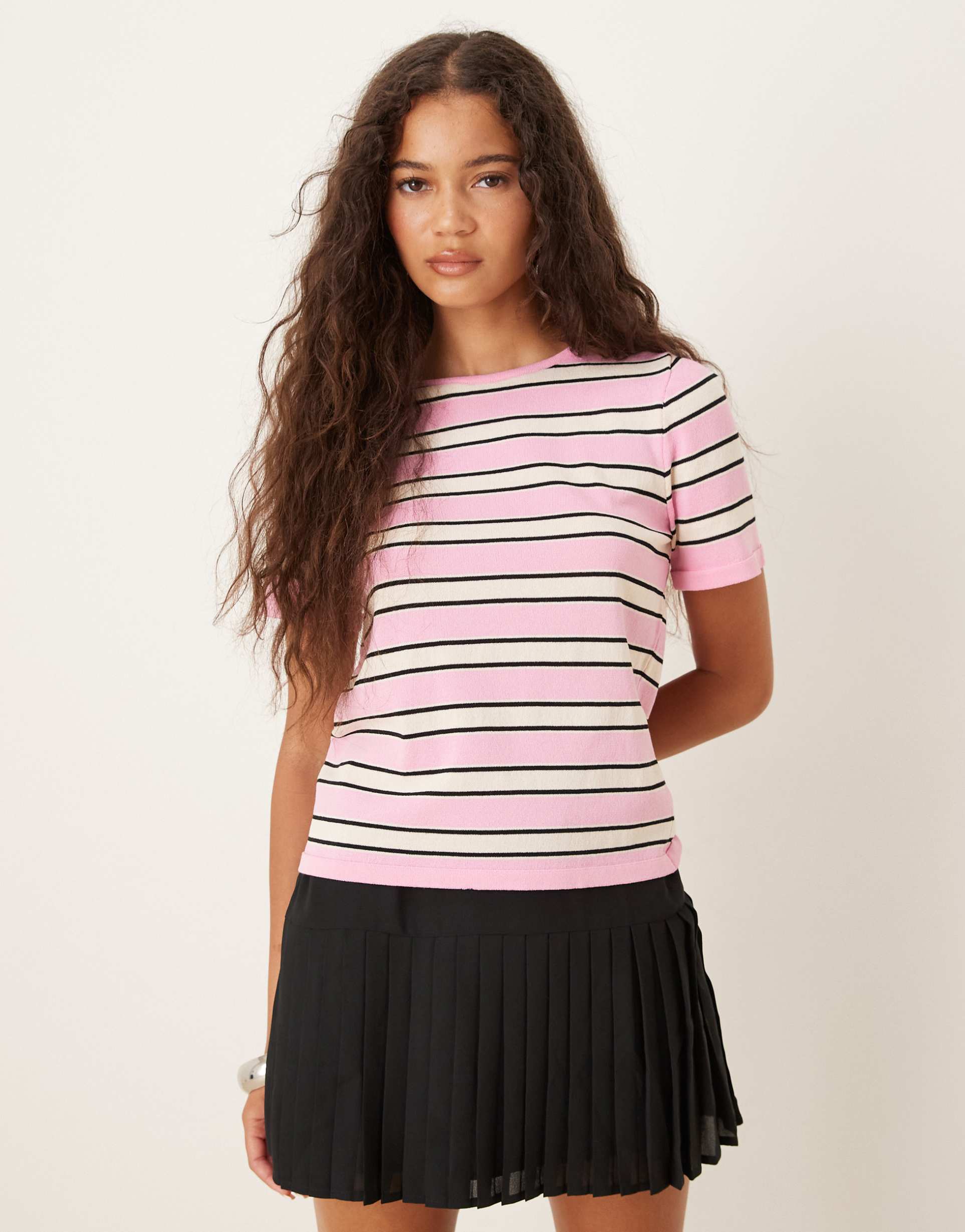 mango round neck slim fit striped top in pastel pink