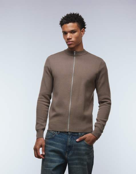 Mango round neck zip through knitted cardigan in camel - view 1
