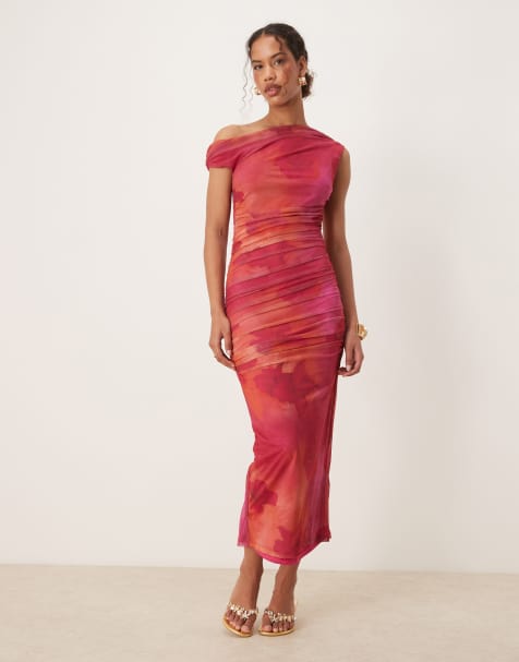 Mango ruched off the shoulder slash neck psychedlic floral print dress in pink