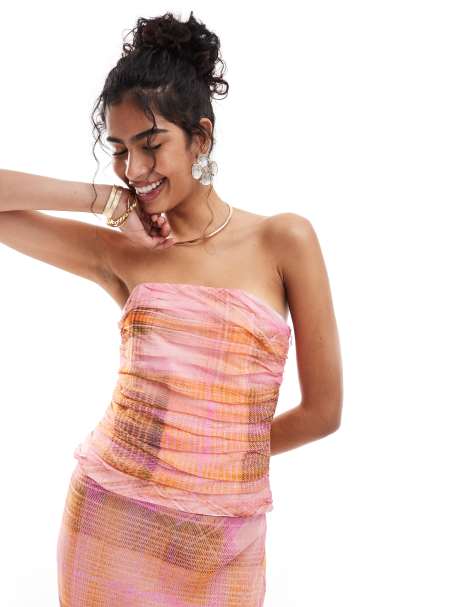 Mango – Różowo-pomarańczowy top z dekoltem bandeau bandeau w kratkę, część zestawu - view 1