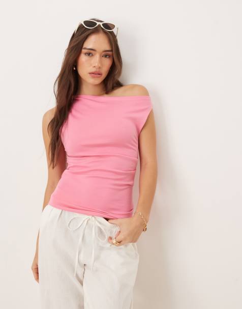 Mango slash neck off the shoulder jersey top in pink