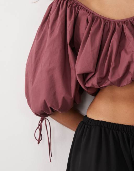 Mango – Różowy krótki top z balonowymi rękawami z mieszanki bawełny, 3 z 4