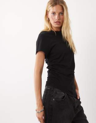 Mango Ruched Asymmetric T-shirt In Black