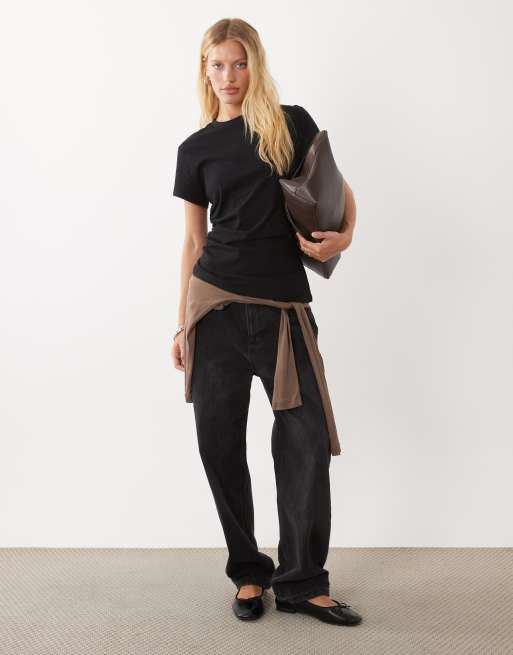 Mango ruched asymmetric t-shirt in black, 2 of 4