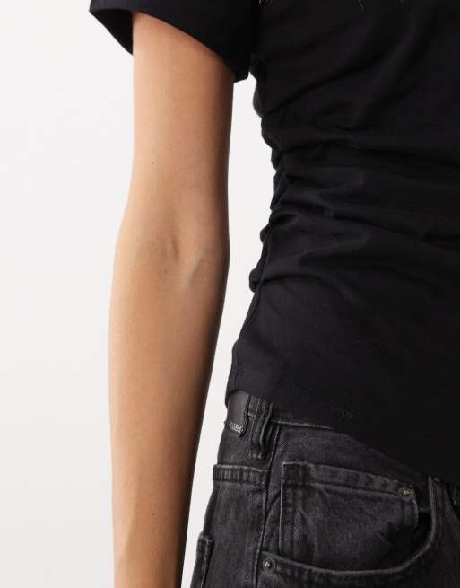 Mango ruched asymmetric t-shirt in black, 3 of 4