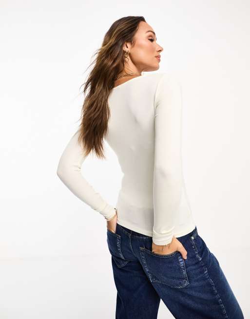 Mango ruched basic long sleeve t-shirt in ecru, 2 of 4