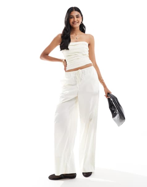 Mango ruched cami top and tie waist pants set in white - view 1