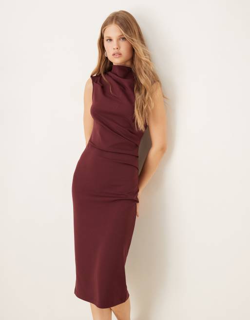 Mango ruched detail high neck sleeveless midi dress in dark red, 3 of 4
