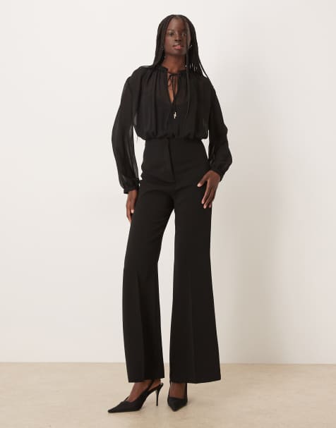 Mango ruched detail long sleeve jumpsuit in black - view 1
