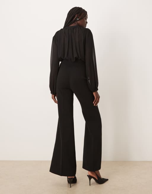 Mango ruched detail long sleeve jumpsuit in black, 3 of 4