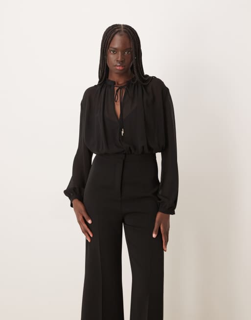 Mango ruched detail long sleeve jumpsuit in black, 4 of 4