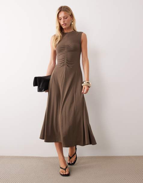 Mango ruched detail sleeveless midi dress in khaki - view 1