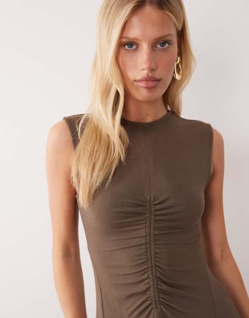 Mango ruched detail sleeveless midi dress in khaki, 3 of 4