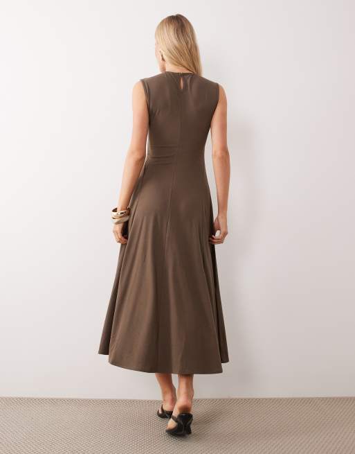 Mango ruched detail sleeveless midi dress in khaki, 4 of 4