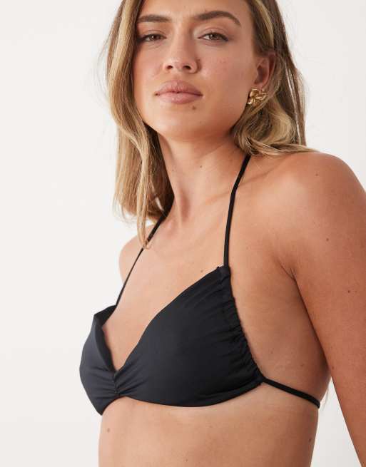 Mango ruched detail tie back bikini top in black, 4 of 4
