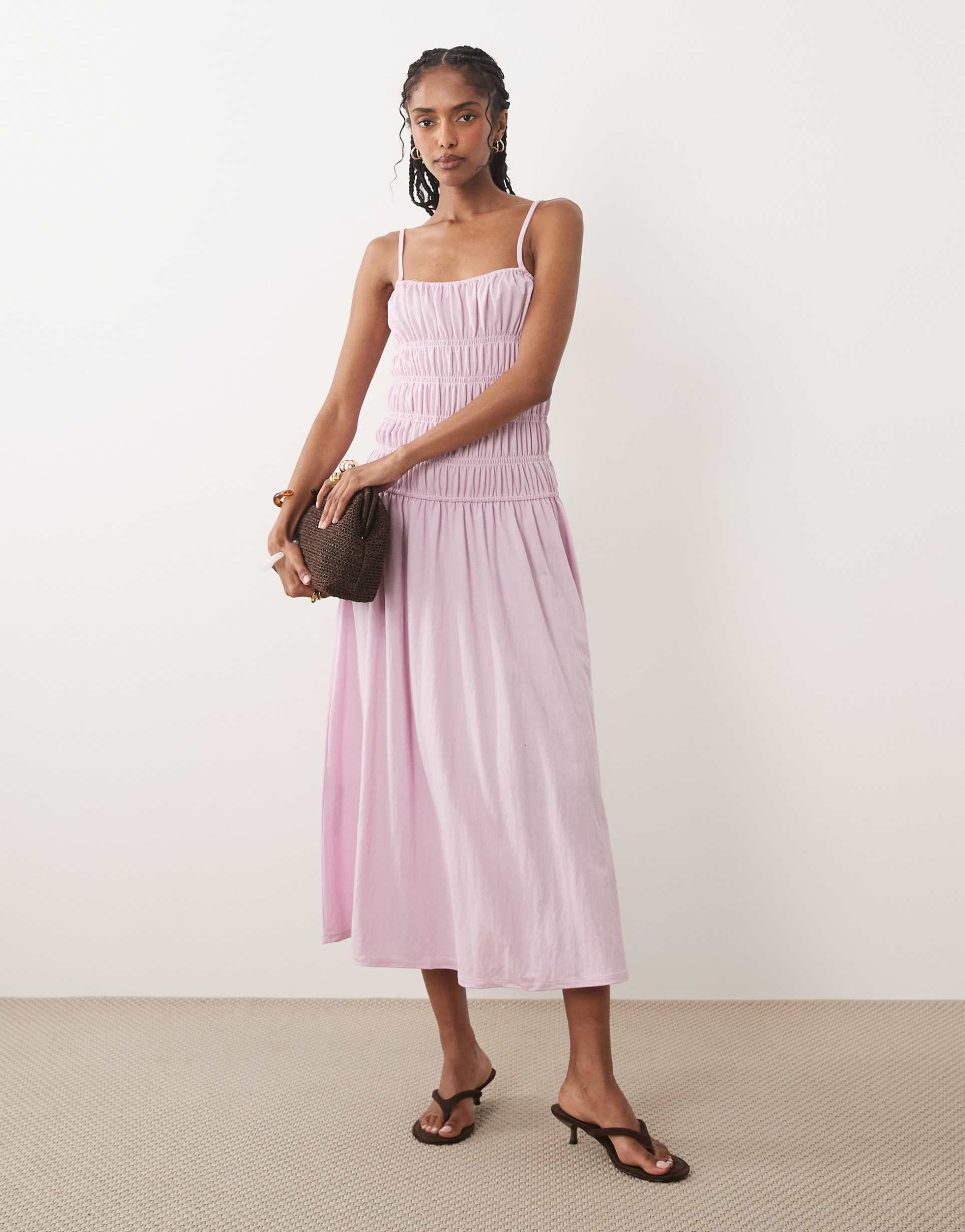 mango ruched drop waist maxi dress in pastel pink