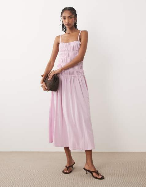 Mango ruched drop waist maxi dress in pastel pink