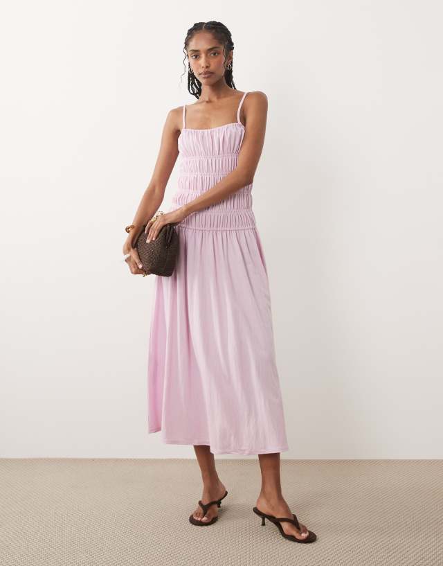 drop waist pastel dress Mango ruched drop waist maxi dress in pastel pink