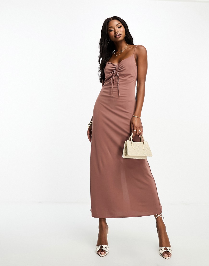 Mango ruched front cami midi dress in mink-Pink