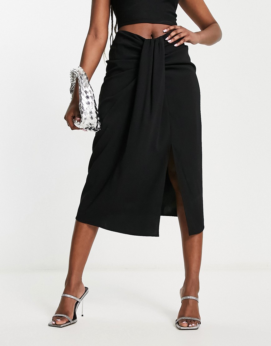 Mango ruched front midi skirt with slit in black