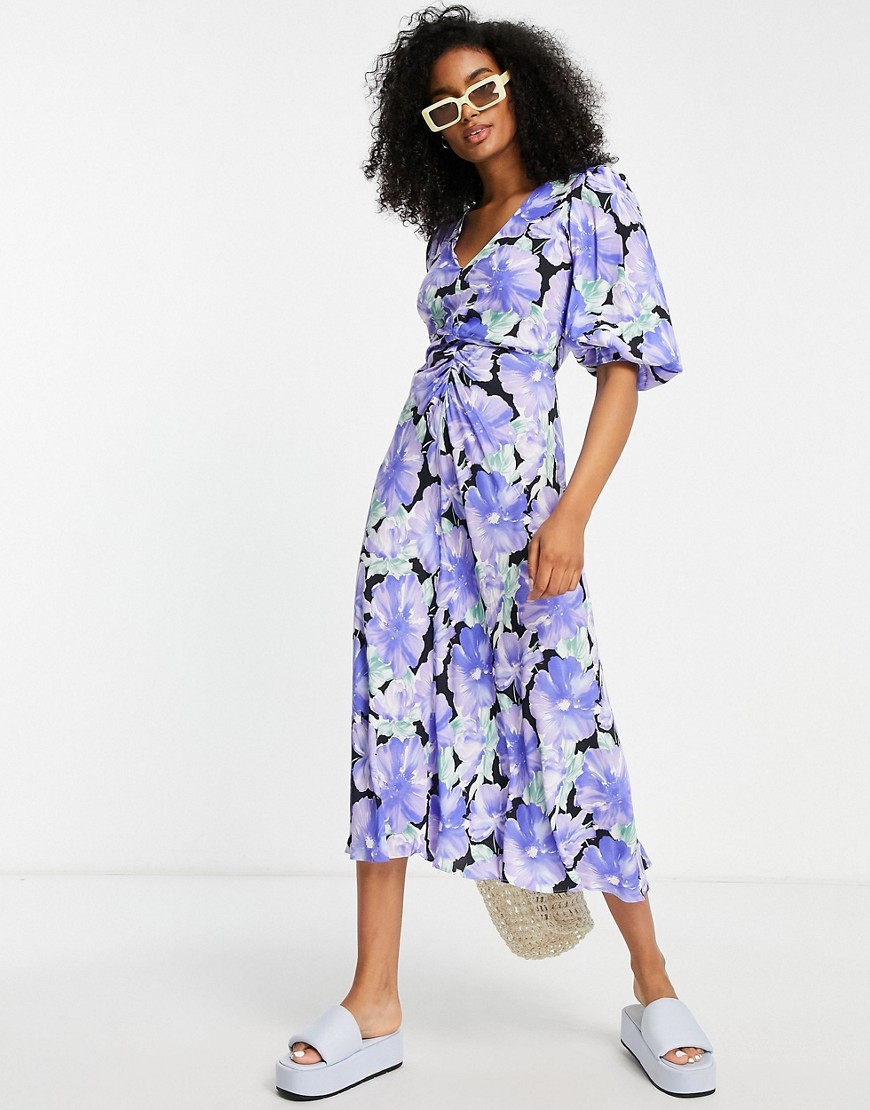 Mango ruched front puff sleeve midi dress in bold floral-Multi