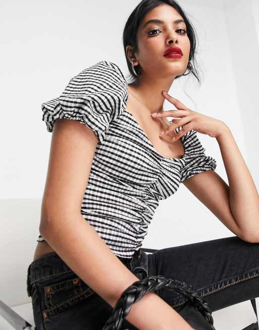 Mango ruched front puff sleeve top in black gingham