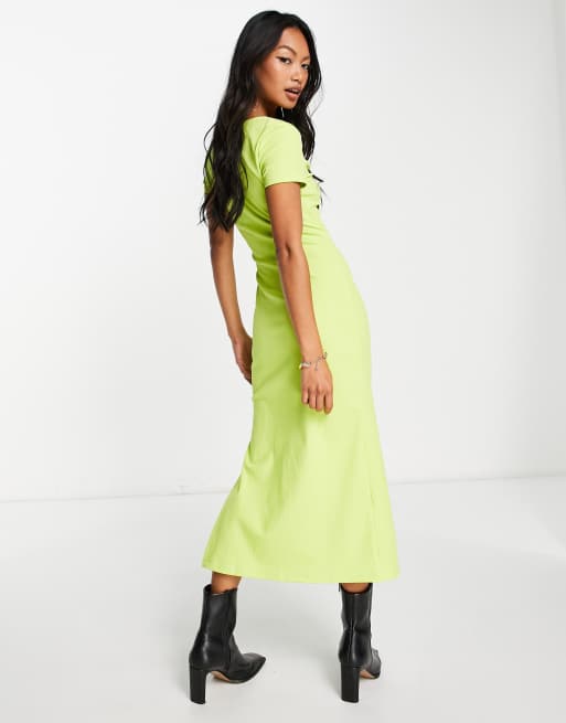 Mango ruched front ribbed midi dress in lime ASOS