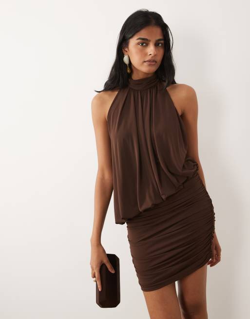Mango ruched halterneck mini dress in brown, 2 of 4
