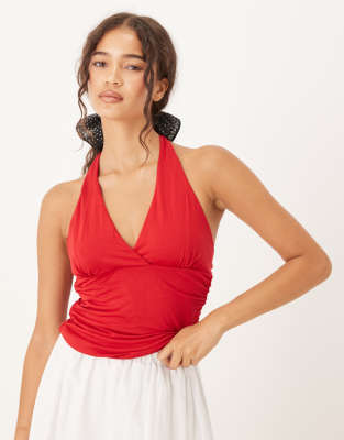 Mango ruched halterneck top in red