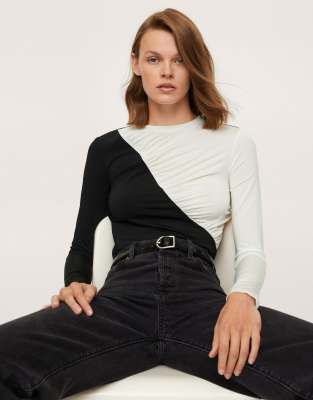 Mango ruched long sleeved top in mono