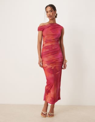 Mango Ruched Off The Shoulder Slash Neck Psychedelic Floral Print Dress In Pink