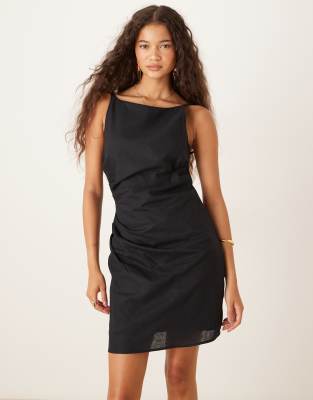 Mango Ruched Side High Scoop Neck Mini Dress In Black