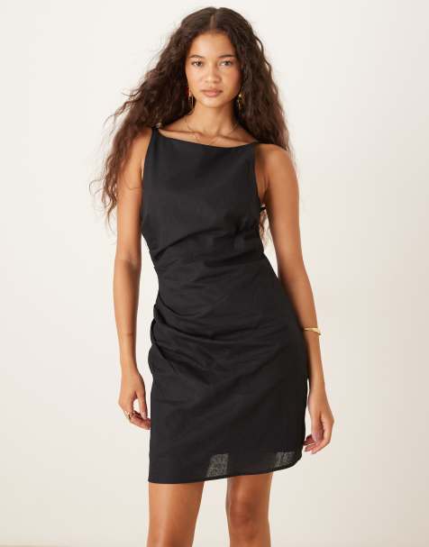 Mango ruched side high scoop neck mini dress in black - view 1
