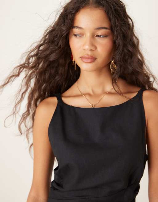 Mango ruched side high scoop neck mini dress in black, 3 of 4
