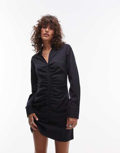 Mango ruched side pinstripe zip down mini dress in navy - view 1