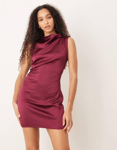 Mango ruched side satin sleeveless mini dress in plum