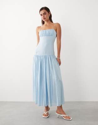 Mango ruched strappy maxi dress in pale blue