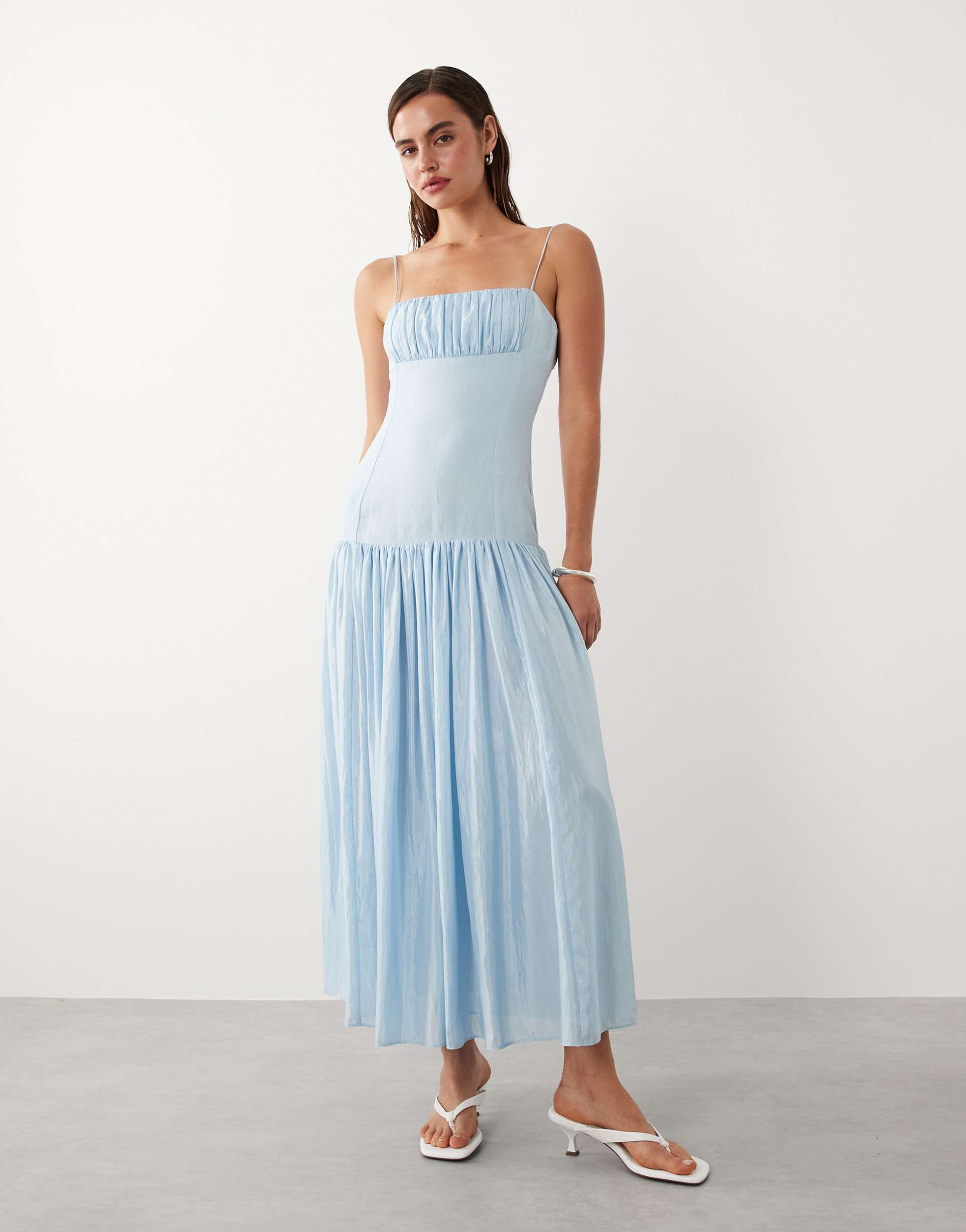 mango ruched strappy maxi dress in pale blue
