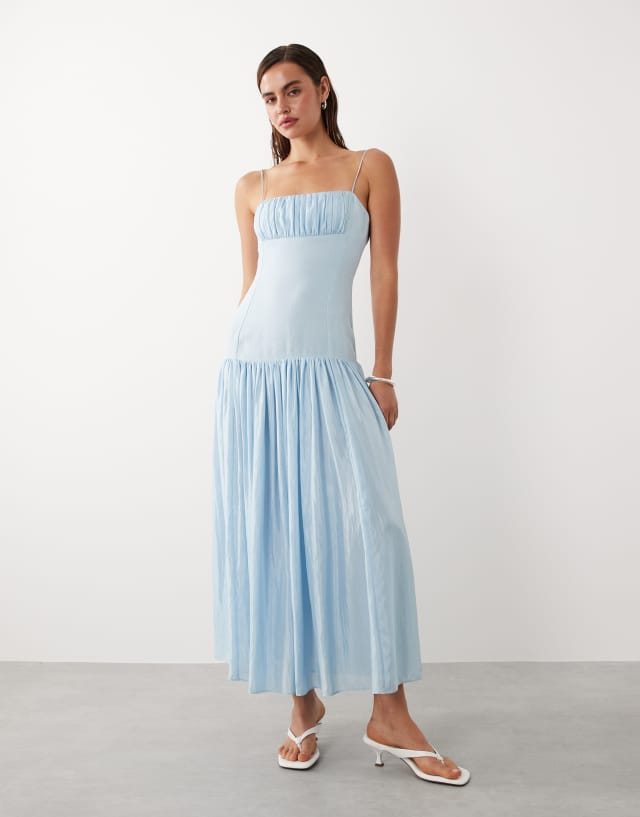 Mango ruched strappy maxi dress in pale blue
