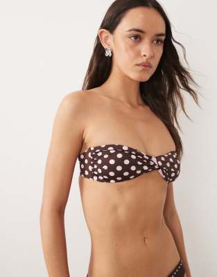 Mango Ruched Tie Back Polka Dot Bandau Bikini Top In Brown