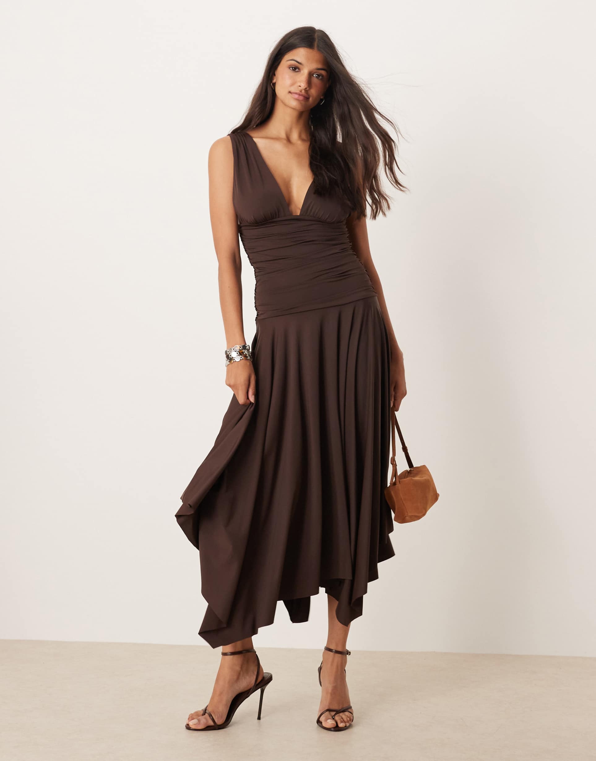 mango ruched waist handkerchief hem midi dress in brown