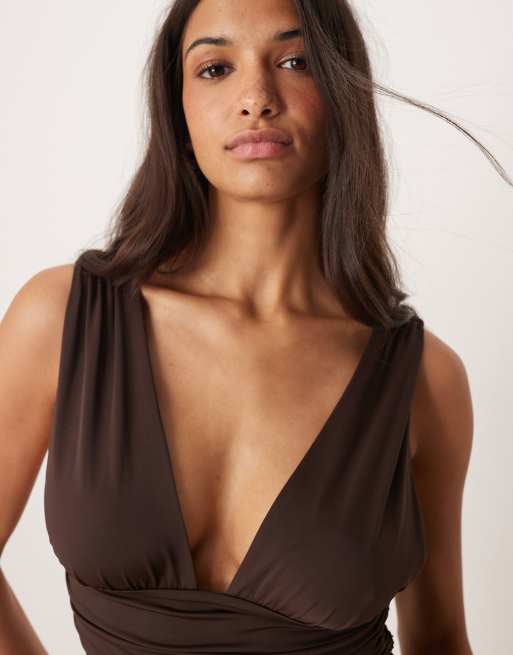 Mango ruched waist hanky hem midi dress in brown