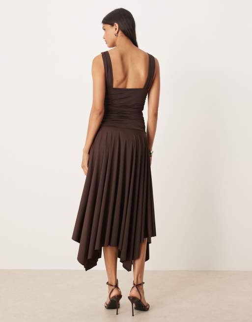 Mango ruched waist hanky hem midi dress in brown