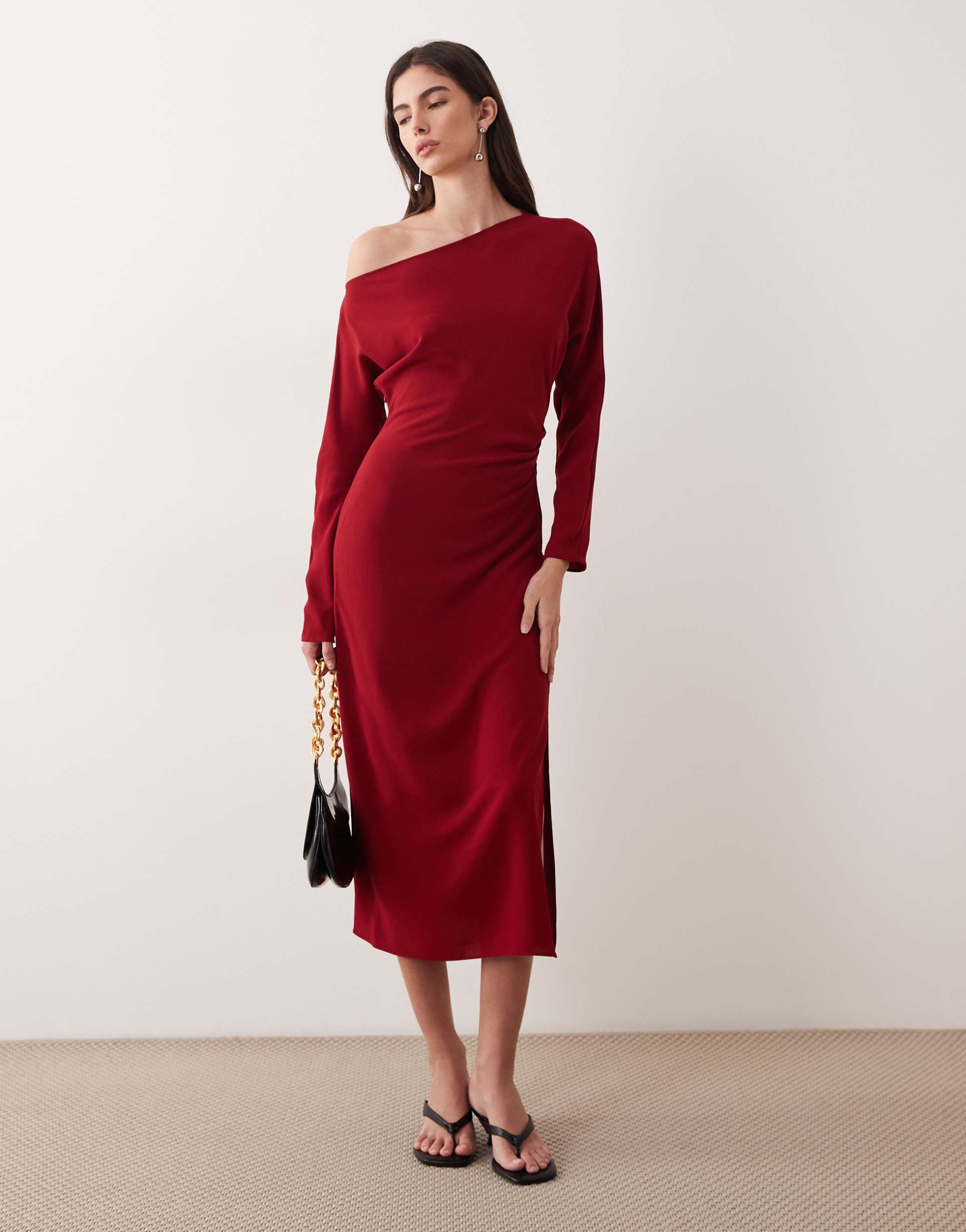 mango ruched waist long sleeve maxi dress in red